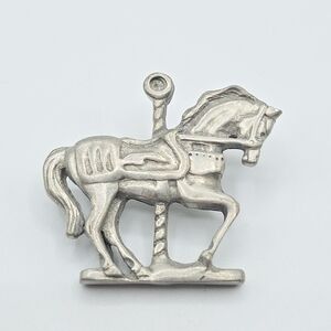 VTG Pewter Pin Carousel Horse Silver Tone Pin, Signed LCD, 1980s, 1.25"